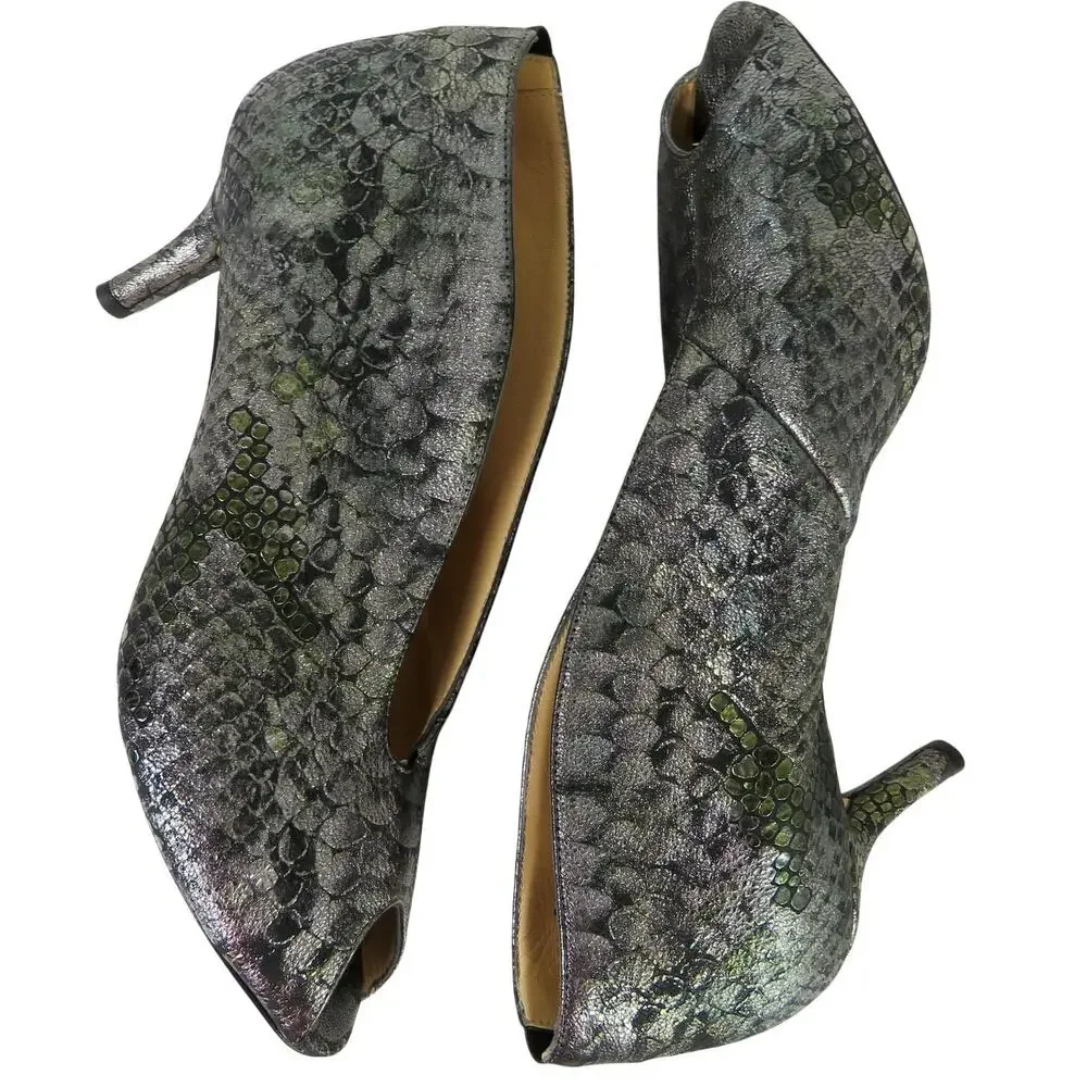 Amalfi by Rangoni Silver Metallic Snake Print Open Toe Heels Pumps Booties 8.5